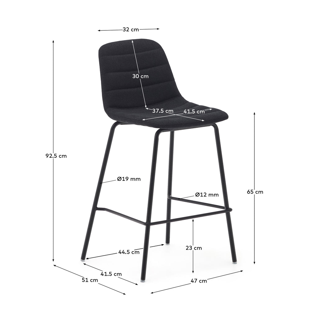 Tabouret  Zunilda en chenille noir  et acier avec finition noir mat hauteur 65 cm FSC 100%