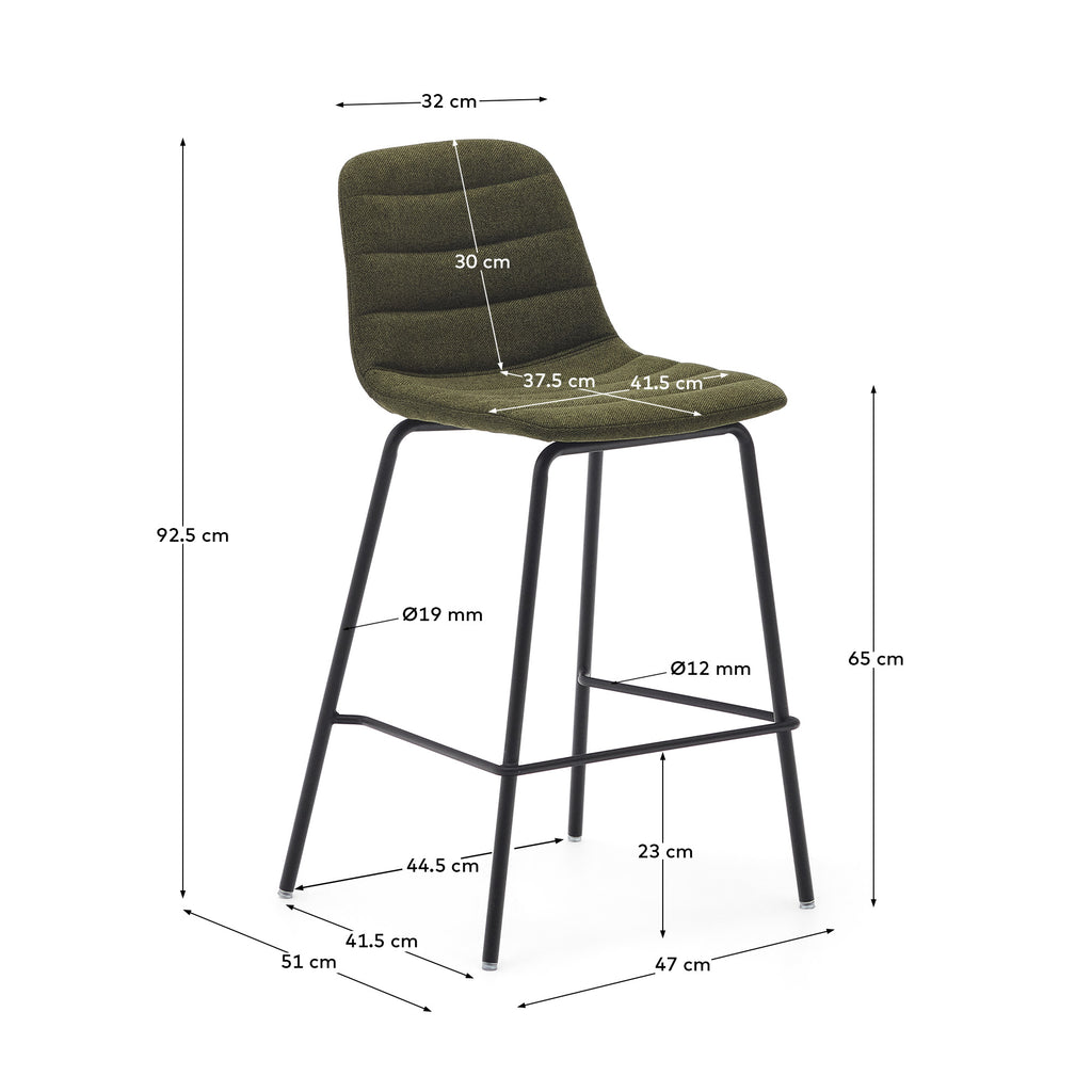 Tabouret  Zunilda en chenille vert foncé et acier avec finition noir mat hauteur 65 cm FSC 100%