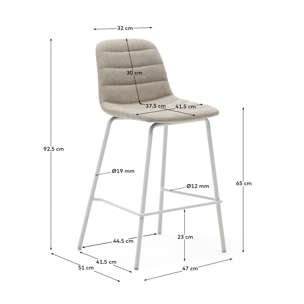 Tabouret  Zunilda en chenille beige et acier avec finition blanc mat hauteur 65cm FSC 100%