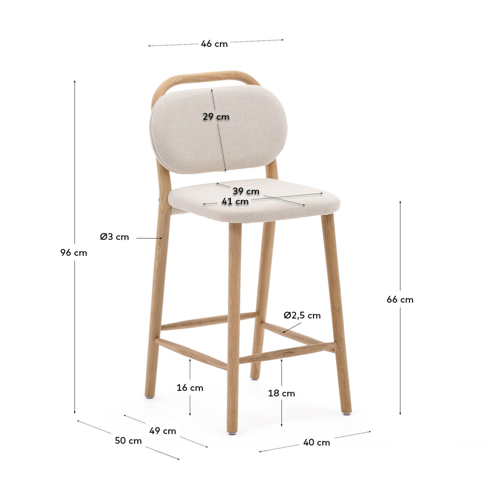 Tabouret Helda en chenille beige et bois de chêne FSC Mix Credit 65 cm