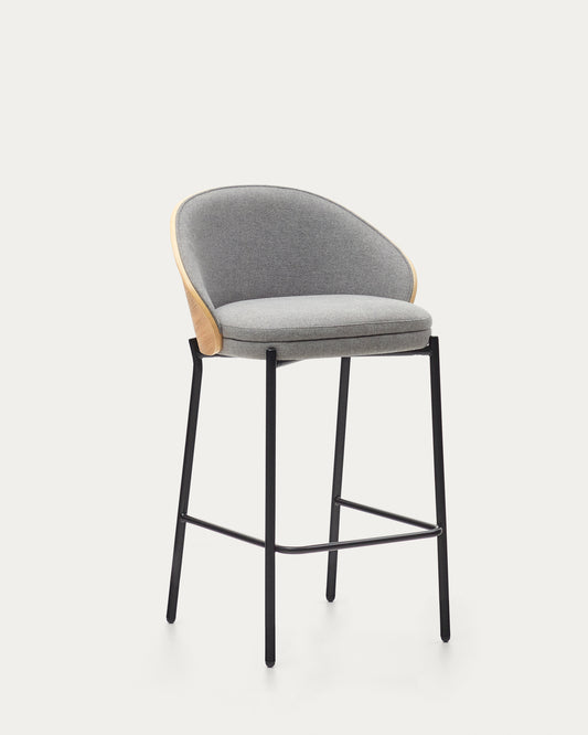 Tabouret Eamy en tissu chenille gris clair placage de frêne naturel et métal noir hauteur 65 cm