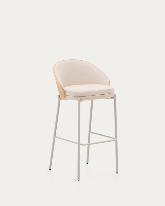Tabouret Eamy en chenille beige, placage de frêne, finition naturelle et métal beige hauteur 77 cm