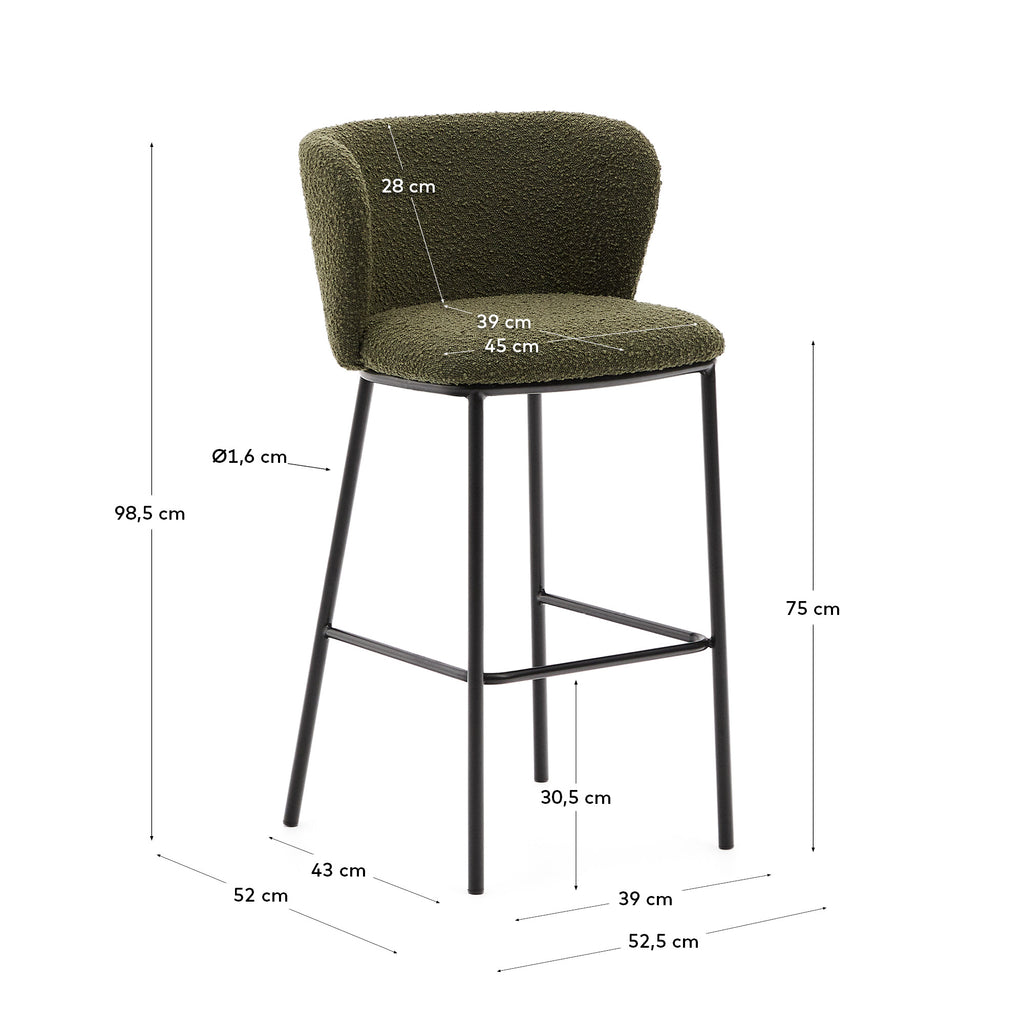 Tabouret Ciselia en tissu effet bouclette vert et acier noir hauteur 75 cm FSC Mix Credit