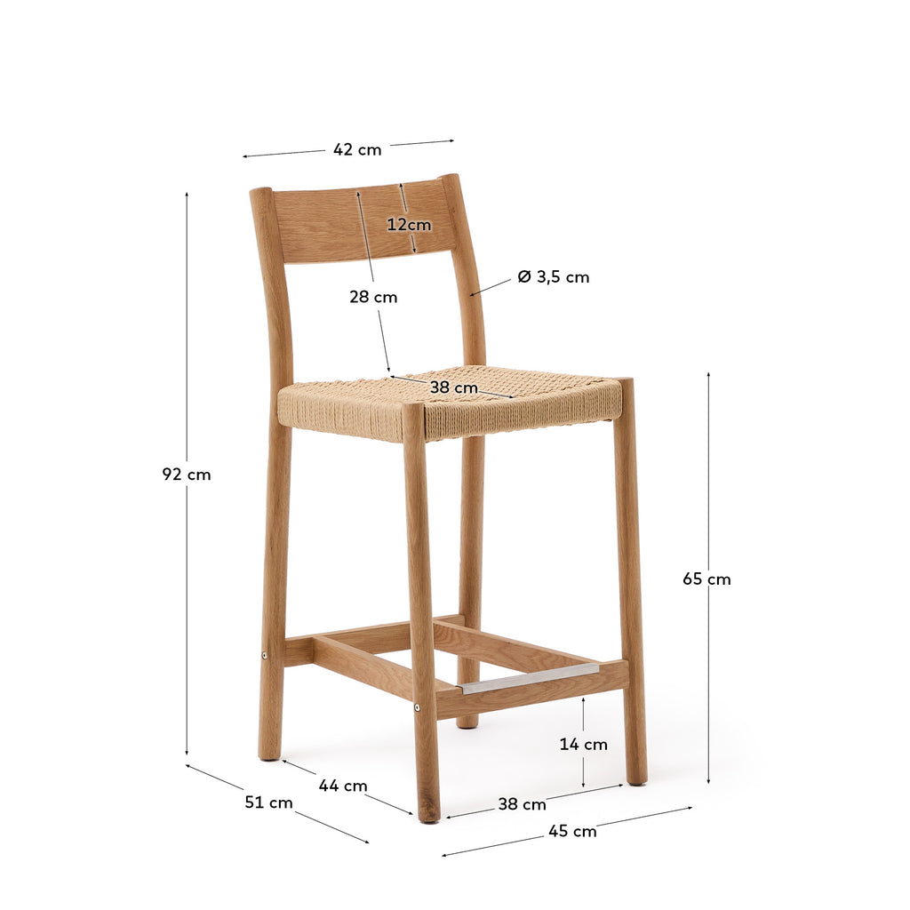Tabouret Yalia dossier en bois de chêne finition naturelle et assise en corde 65 cm FSC 100 %