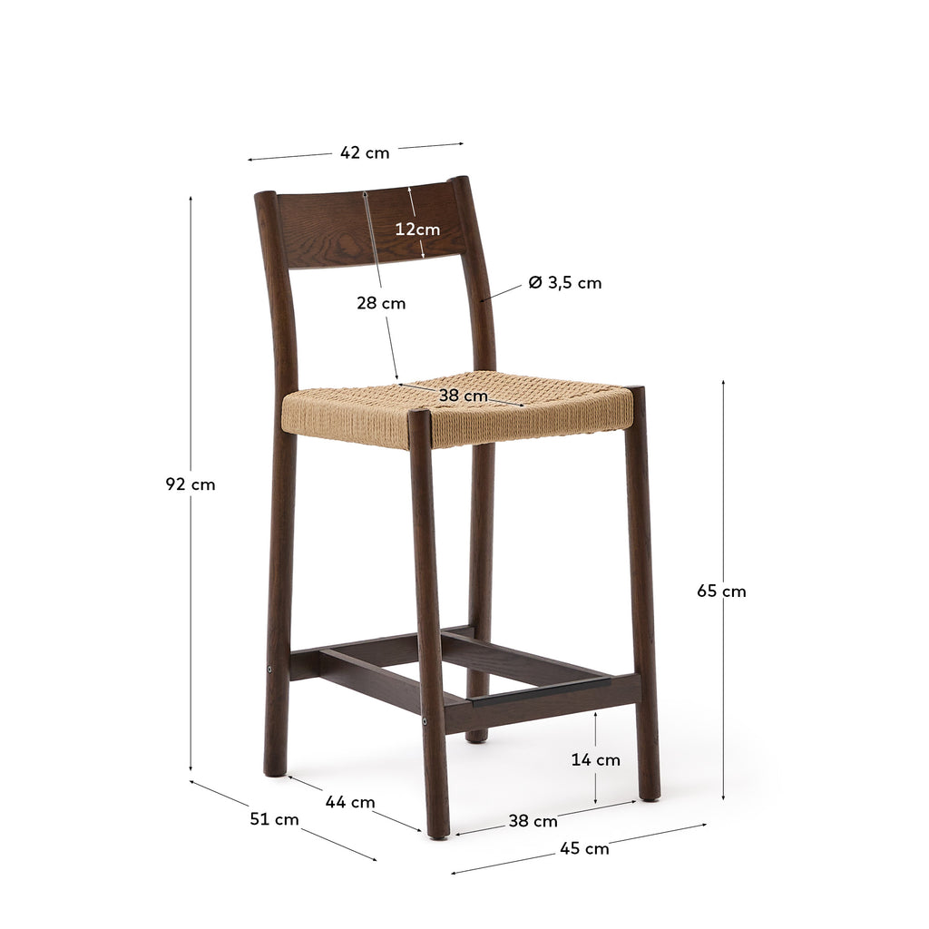 Tabouret Yalia dossier en bois de chêne finition noyer et assise en corde 65 cm FSC 100 %