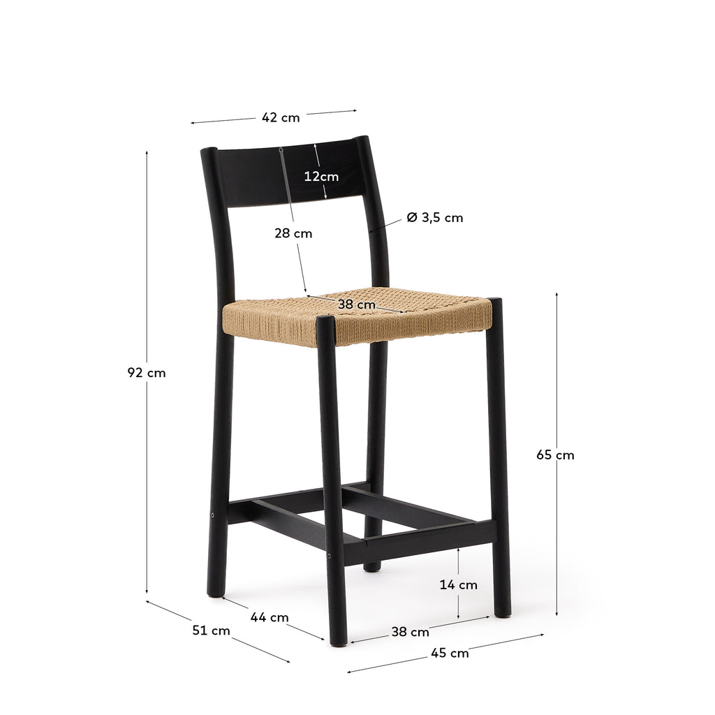 Tabouret Yalia dossier en bois de chêne finition noire et assise en corde 65 cm FSC 100 %