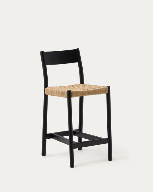 Tabouret Yalia dossier en bois de chêne finition noire et assise en corde 65 cm FSC 100 %