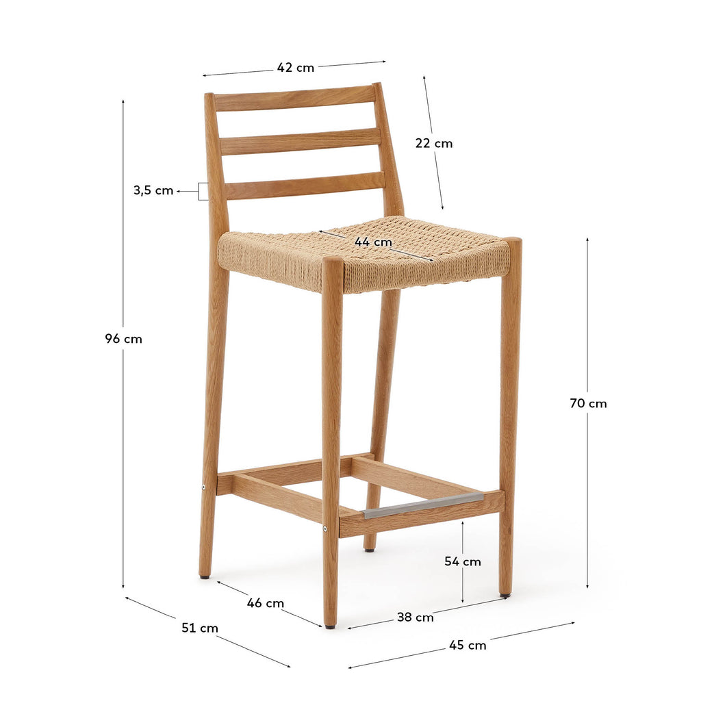 Tabouret Analy dossier en bois de chêne finition naturelle et assise en corde 70 cm FSC 100 %