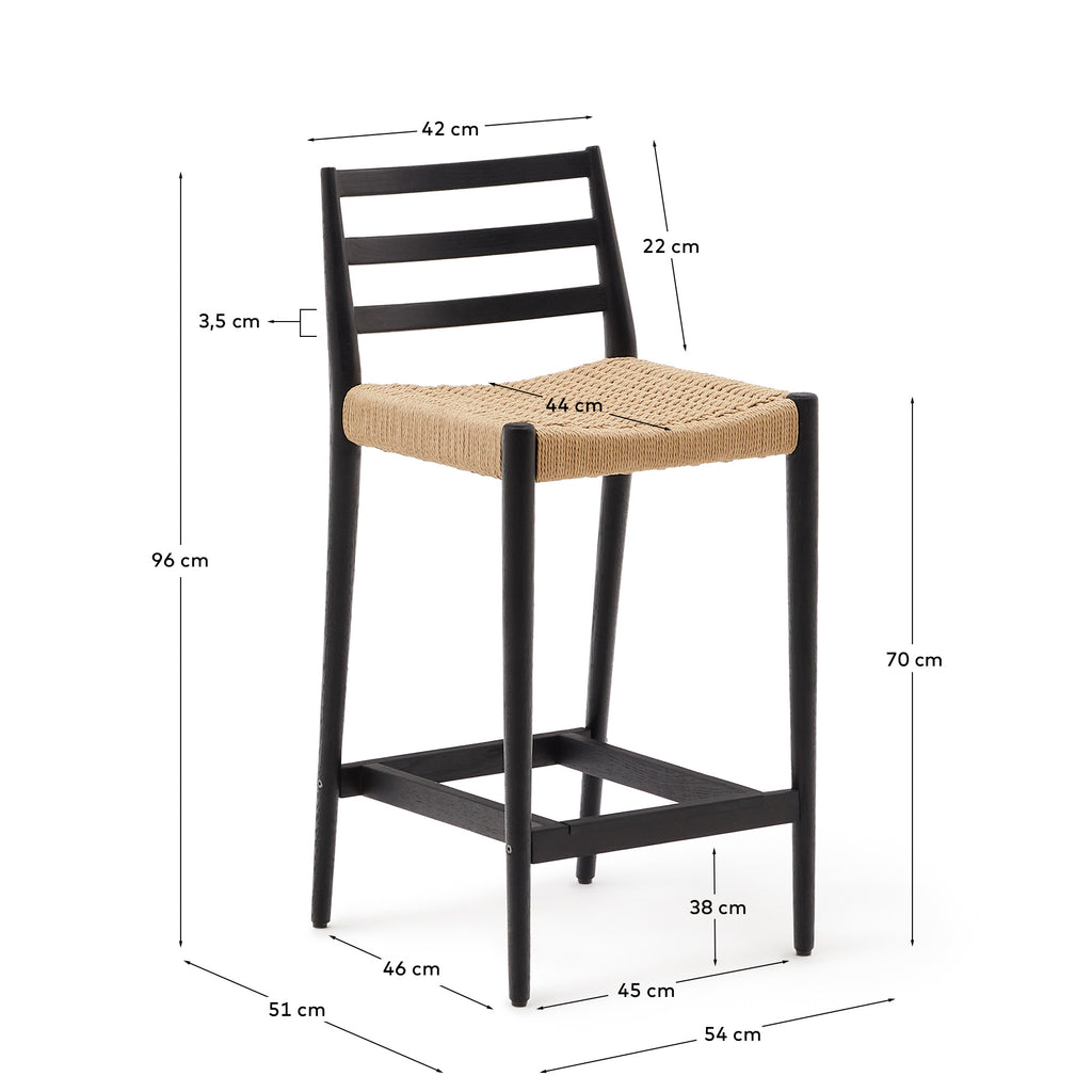 Tabouret Analy dossier en bois de chêne finition noire et assise en corde 70 cm FSC 100 %