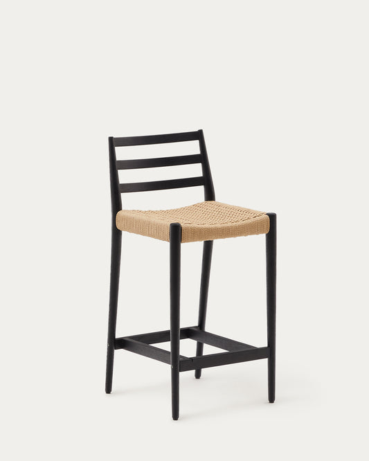 Tabouret Analy dossier en bois de chêne finition noire et assise en corde 70 cm FSC 100 %