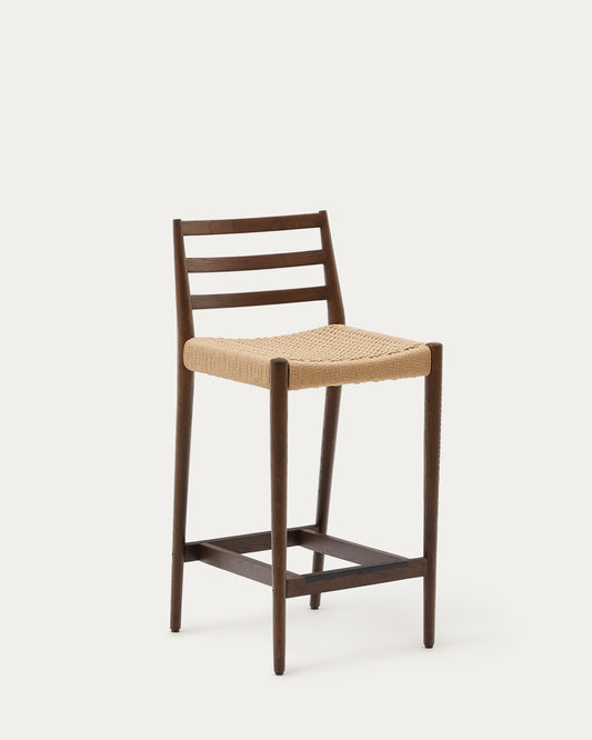 Tabouret Analy dossier en bois de chêne finition noyer et assise en corde 70 cm FSC 100 %