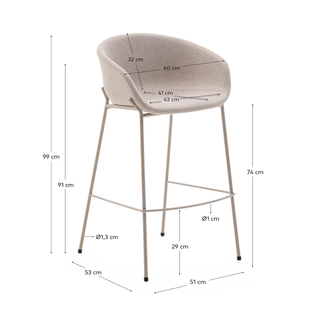 Yvette stool in beige chenille and steel legs in a beige finish, 75 cm high
