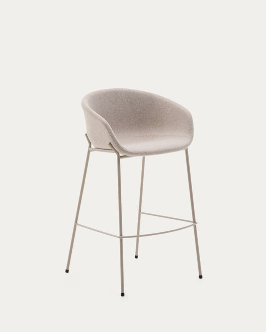 Tabouret Yvette en tissu chenille beige et pieds en acier finition beige hauteur 75 cm