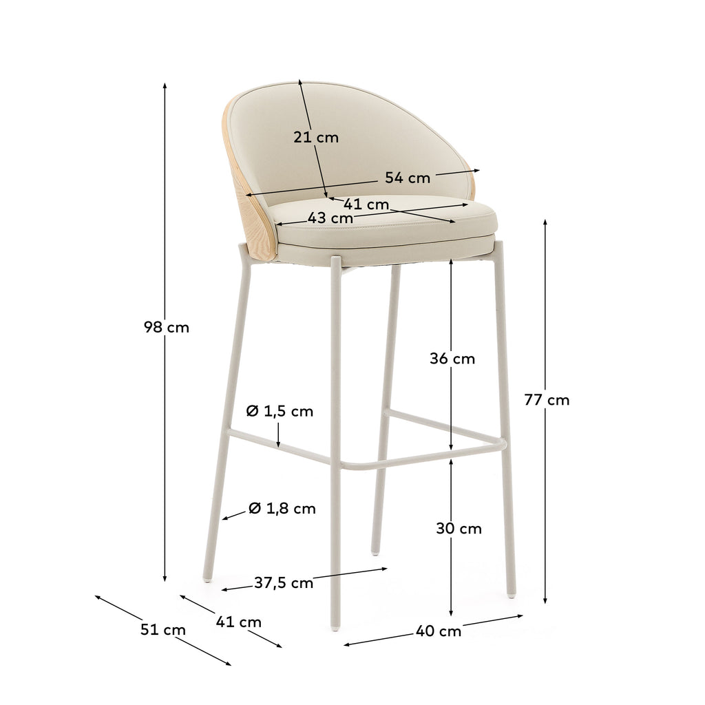 Tabouret Eamy en polyuréthane beige, placage de frêne finition naturelle et métal 77cm