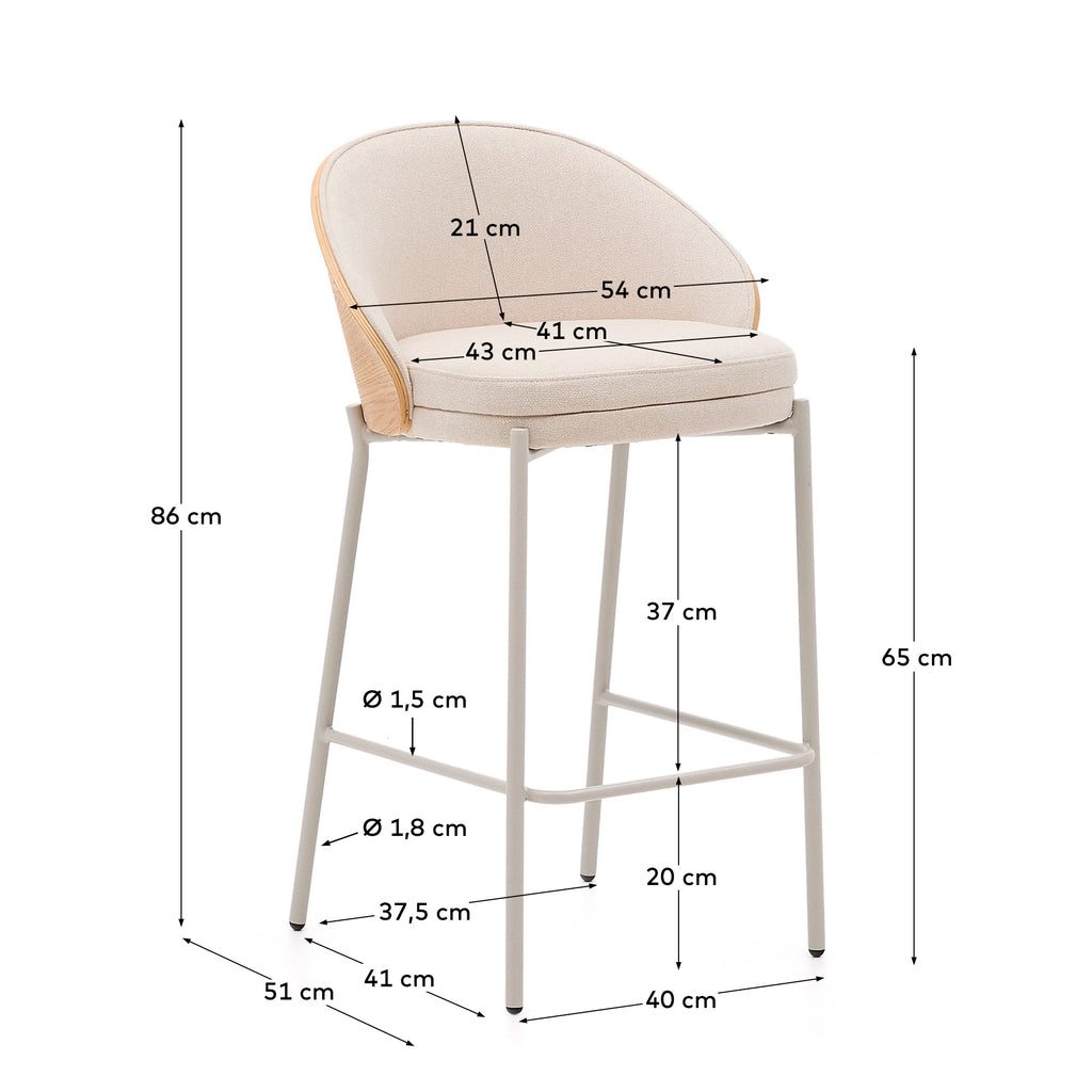Tabouret Eamy en chenille beige, placage de frêne finition naturelle et métal beige hauteur 65 cm