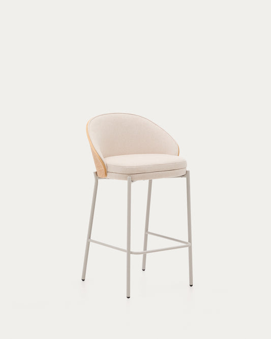 Tabouret Eamy en chenille beige, placage de frêne finition naturelle et métal beige hauteur 65 cm
