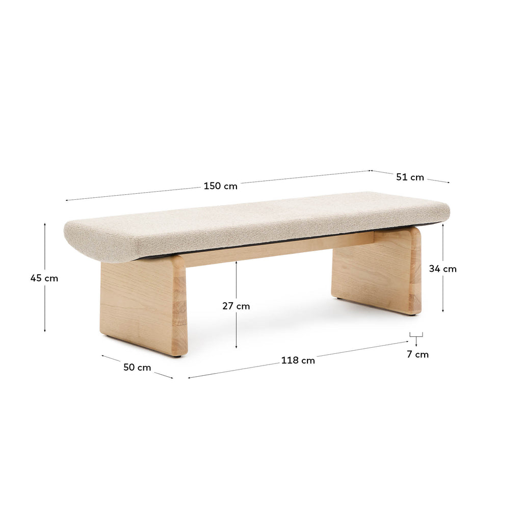 Topaz bench in beige chenille and FSC 100% solid ash wood in a natural finish, 150 cm