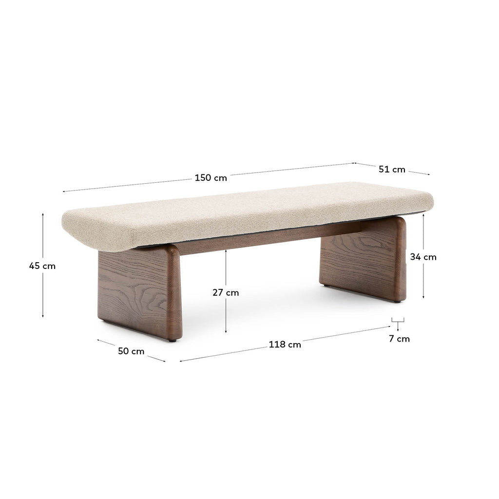 Topaz bench in beige chenille and FSC 100% solid ash wood in a walnut finish, 150 cm