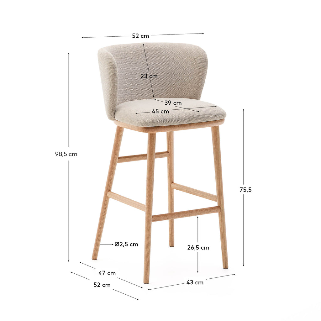 Tabouret Ciselia chenille beige et bois de frêne finition ton naturel FSC Mix Credit 75 cm