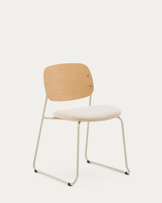 Chaise empilable Meli en contreplaqué de peuplier avec assise en chenille beige et pieds en métal beige FSC Mix Credit