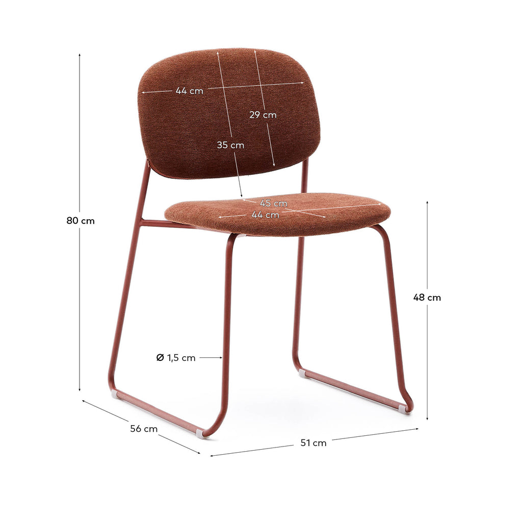 Meli stackable chair in terracotta chenille with terracotta metal legs FSC Mix Credit