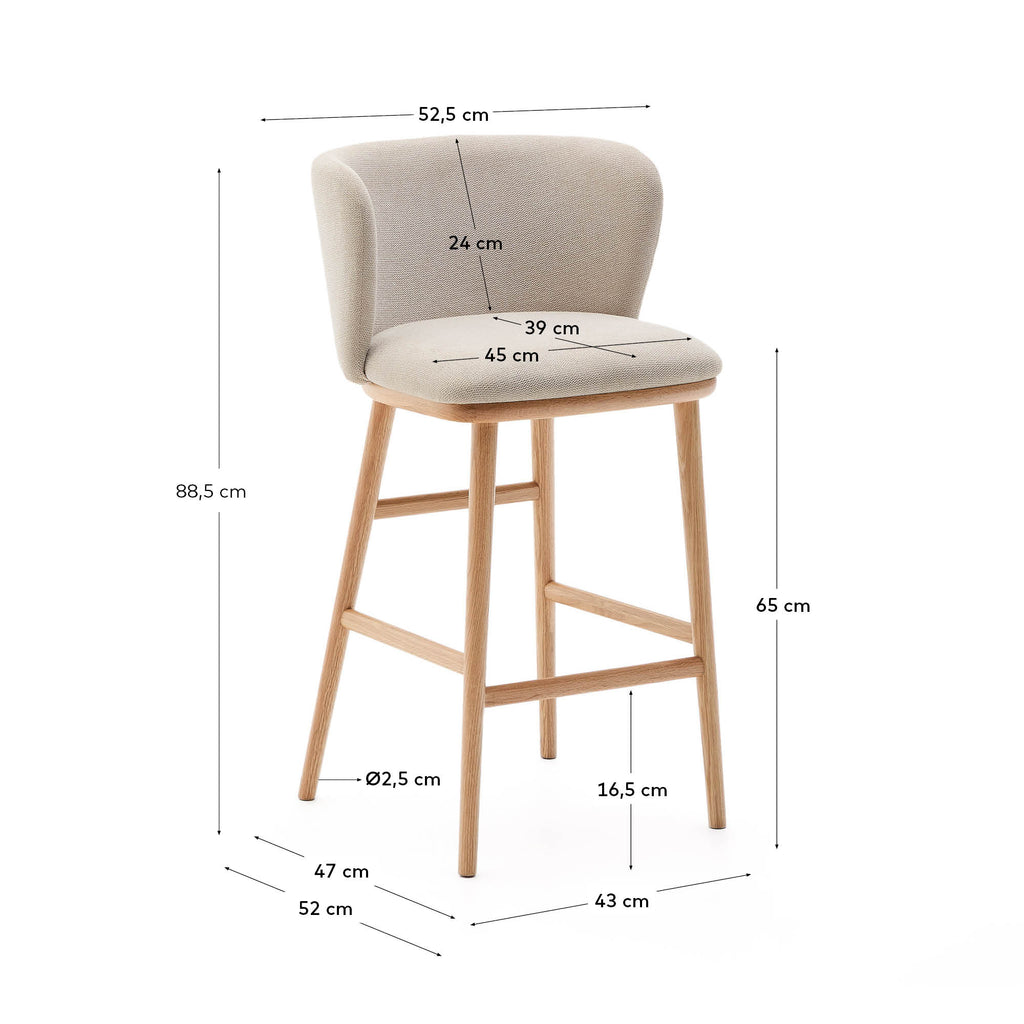 Tabouret Ciselia chenille beige et bois de frêne finition ton naturel FSC Mix Credit 65 cm