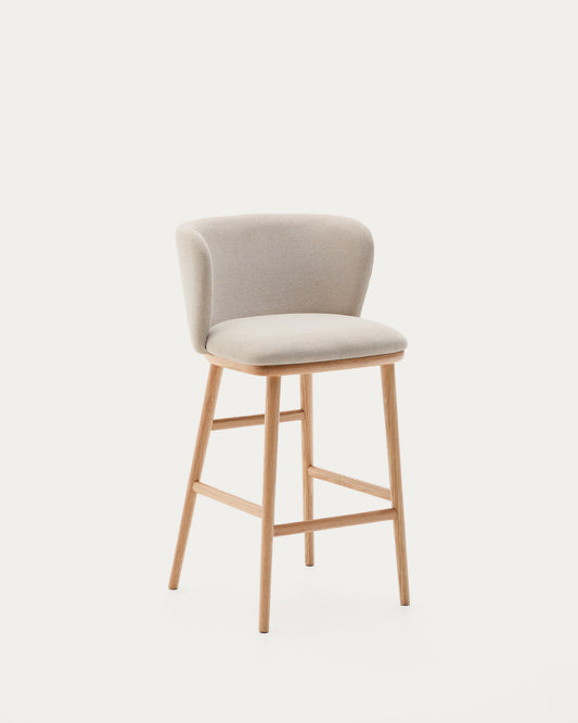 Tabouret Ciselia chenille beige et bois de frêne finition ton naturel FSC Mix Credit 65 cm