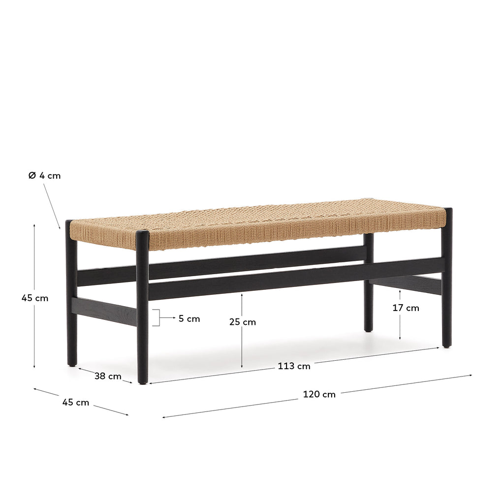Banc Zaide en bois de chêne finition noire et assise en corde 120 cm FSC 100 %