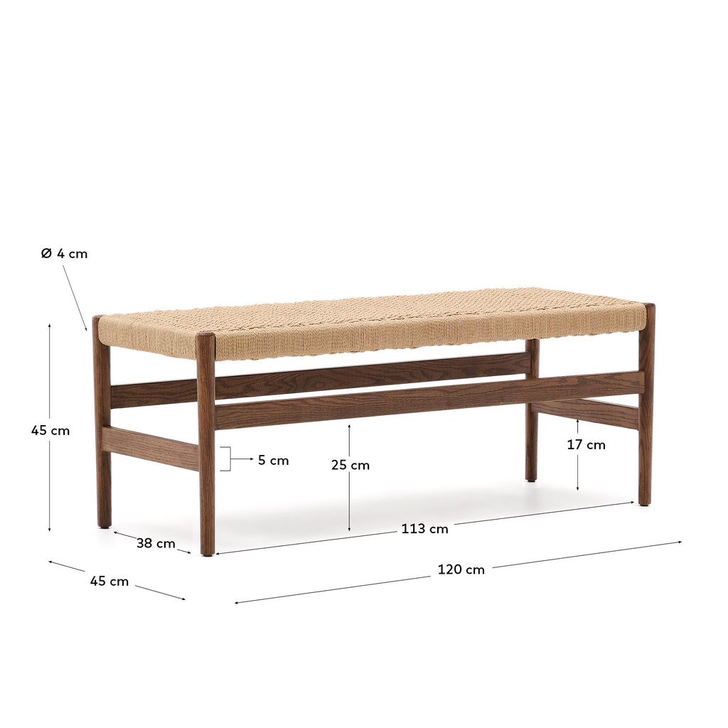 Banc Zaide en bois de chêne finition noyer et assise en corde 120 cm FSC 100 %