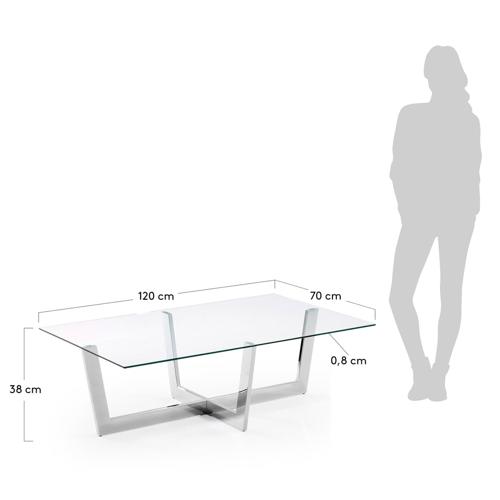 Table basse Plam en verre transparent et structure en acier chromé 120 x 70 cm