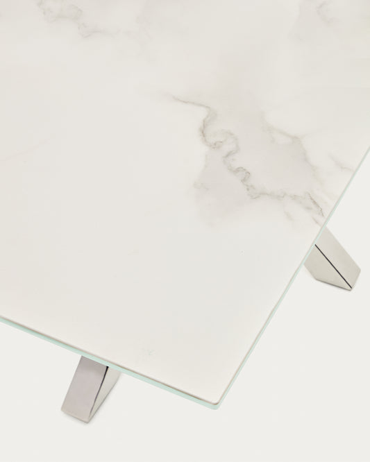Table Argo en grès cérame Kalos finition blanche et pieds en acier inoxydable 180 x 100 cm