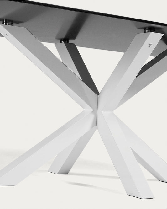 Table Argo en verre noir mat et pieds en acier finition blanche 200 x 100 cm