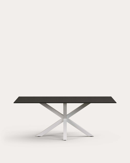 Table Argo en verre noir mat et pieds en acier finition blanche 200 x 100 cm