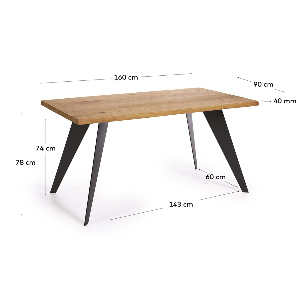 Table Koda en placage de chêne finition naturelle et pieds en acier noir 160 x 90 cm