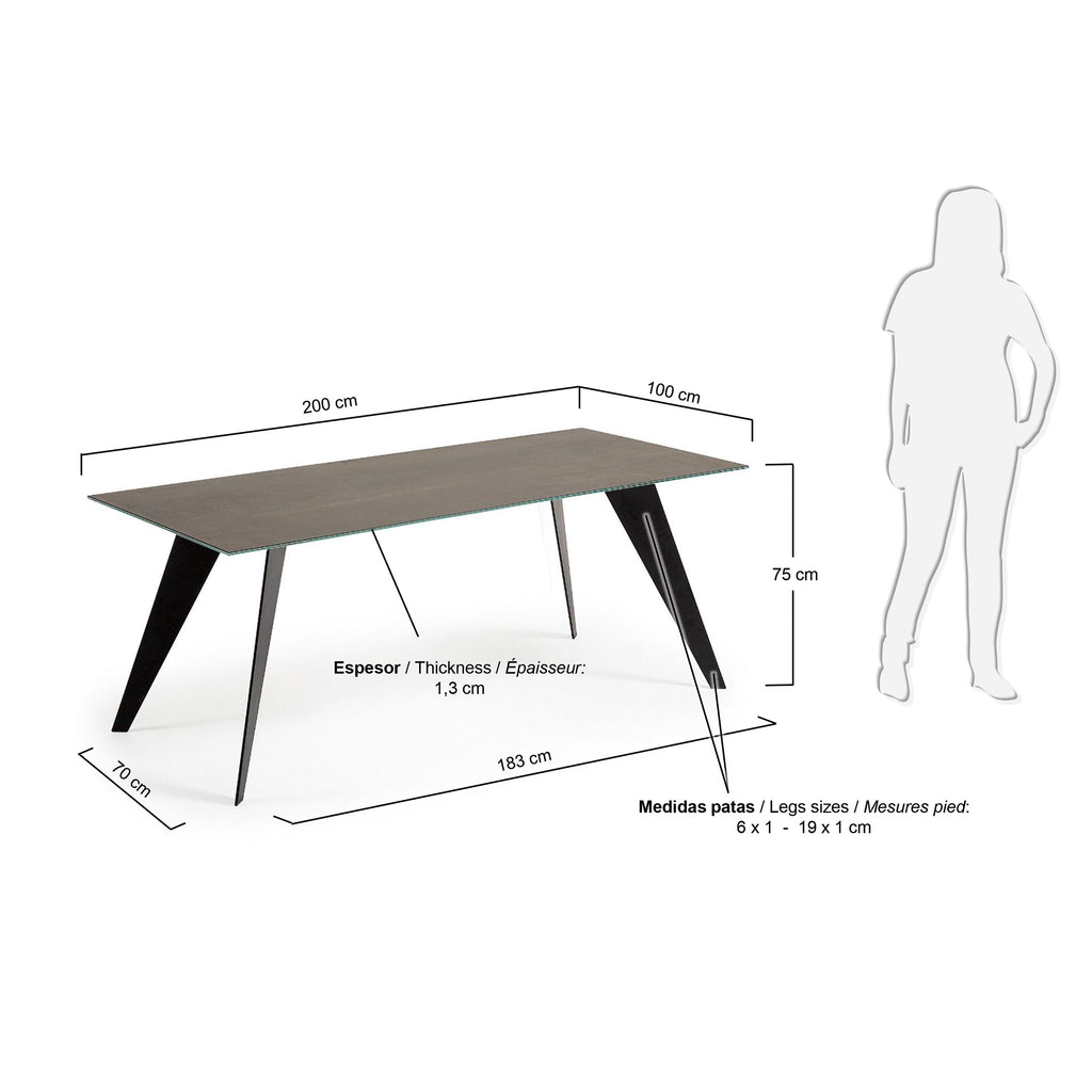 Table Koda en grès cérame finition Iron Moss et pieds acier finition noire 200 x 100 cm