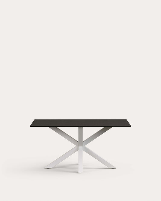 Table Argo en verre noir mat et pieds en acier finition blanche 160 x 90 cm