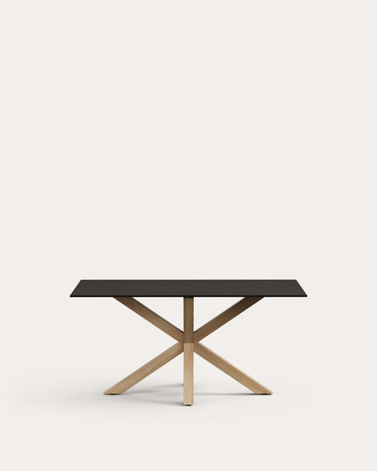 Table Argo en verre noir mat et pieds en acier effet bois 160 x 90 cm