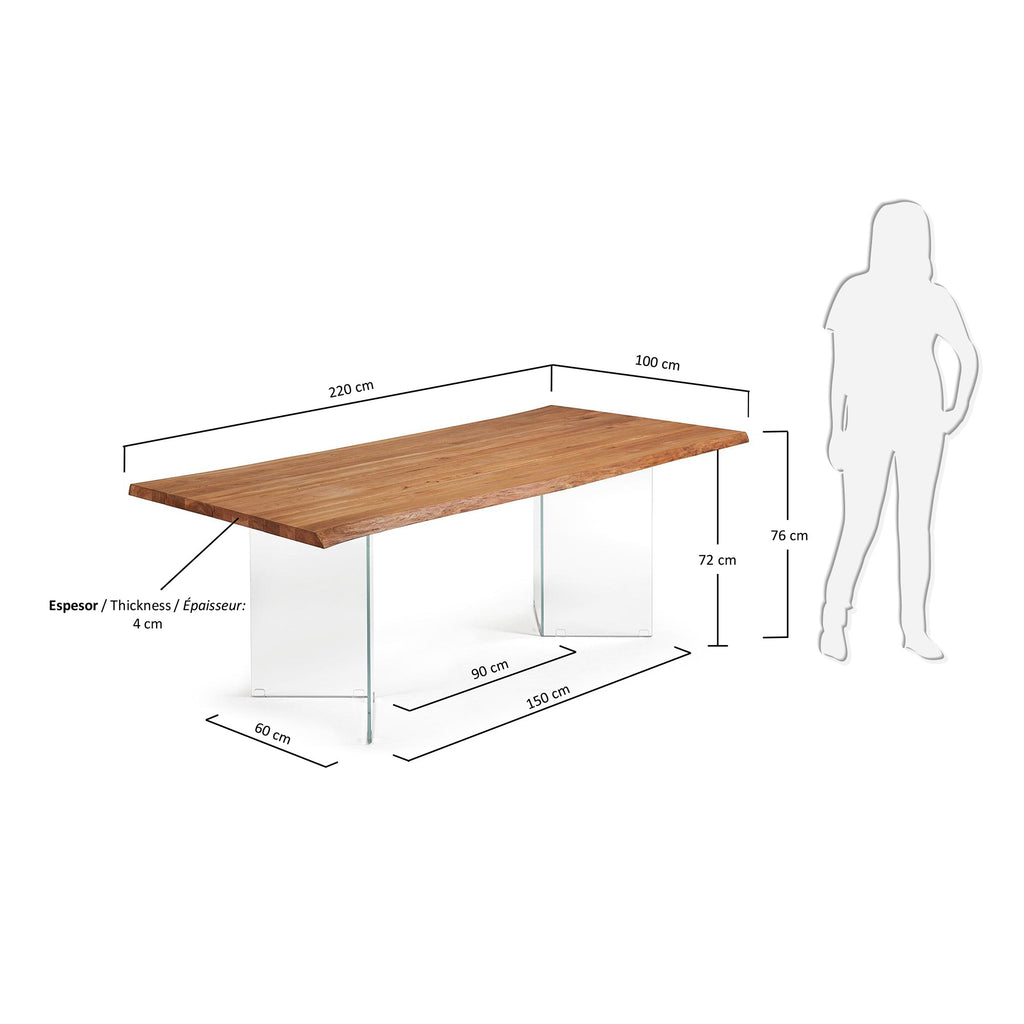 Lotty oak veneer table wit a natural finish and glass legs, 220 x 100 cm
