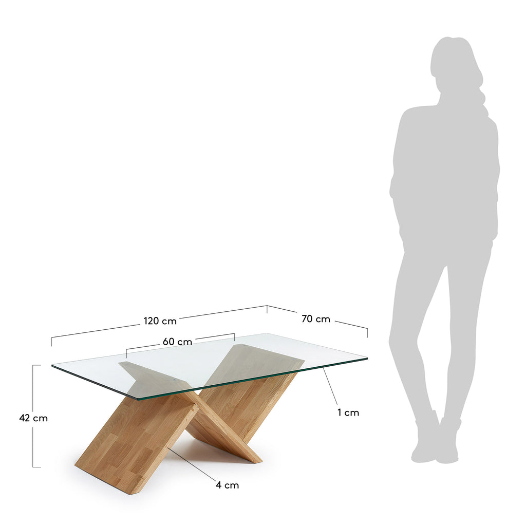 Table basse Waley en verre et structure en chêne 120 x 70 cm