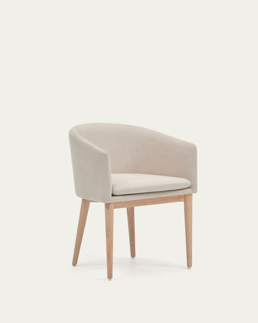 Chaise Harlan en chenille beige et pieds en bois de frêne
