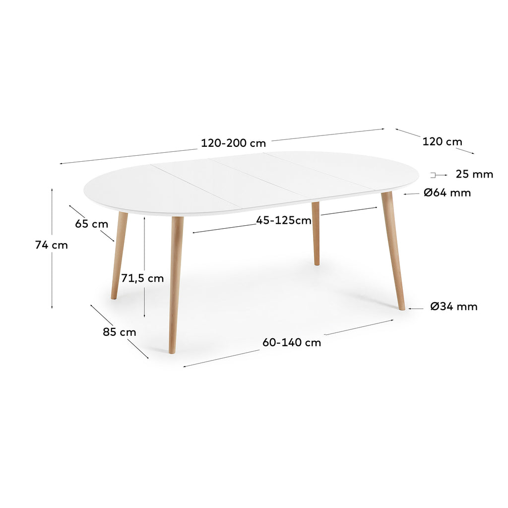 Table extensible ronde Oqui MDF laqué blanc et pieds bois hêtre 120(200)x120 cm