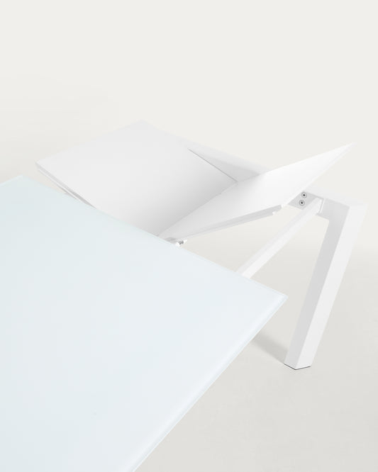 Table extensible Axis en verre blanc et pieds en acier finition blanche 120 (180) cm