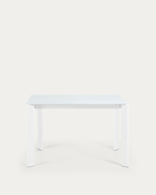 Table extensible Axis en verre blanc et pieds en acier finition blanche 120 (180) cm