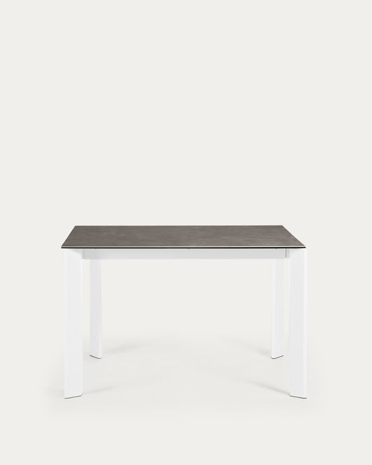 Table extensible Axis grès cérame finition Vulcano Cendrée pieds acier blanc 120 (180) cm