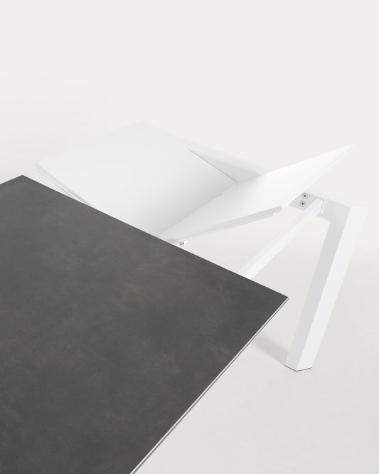 Table extensible Axis grès cérame finition Vulcano Roca et pieds acier blanc 120 (180) cm