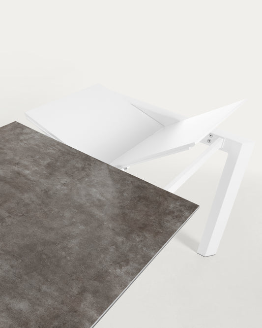 Table extensible Axis grès cérame finition Vulcano Cendrée pieds acier blanc 140(200)cm