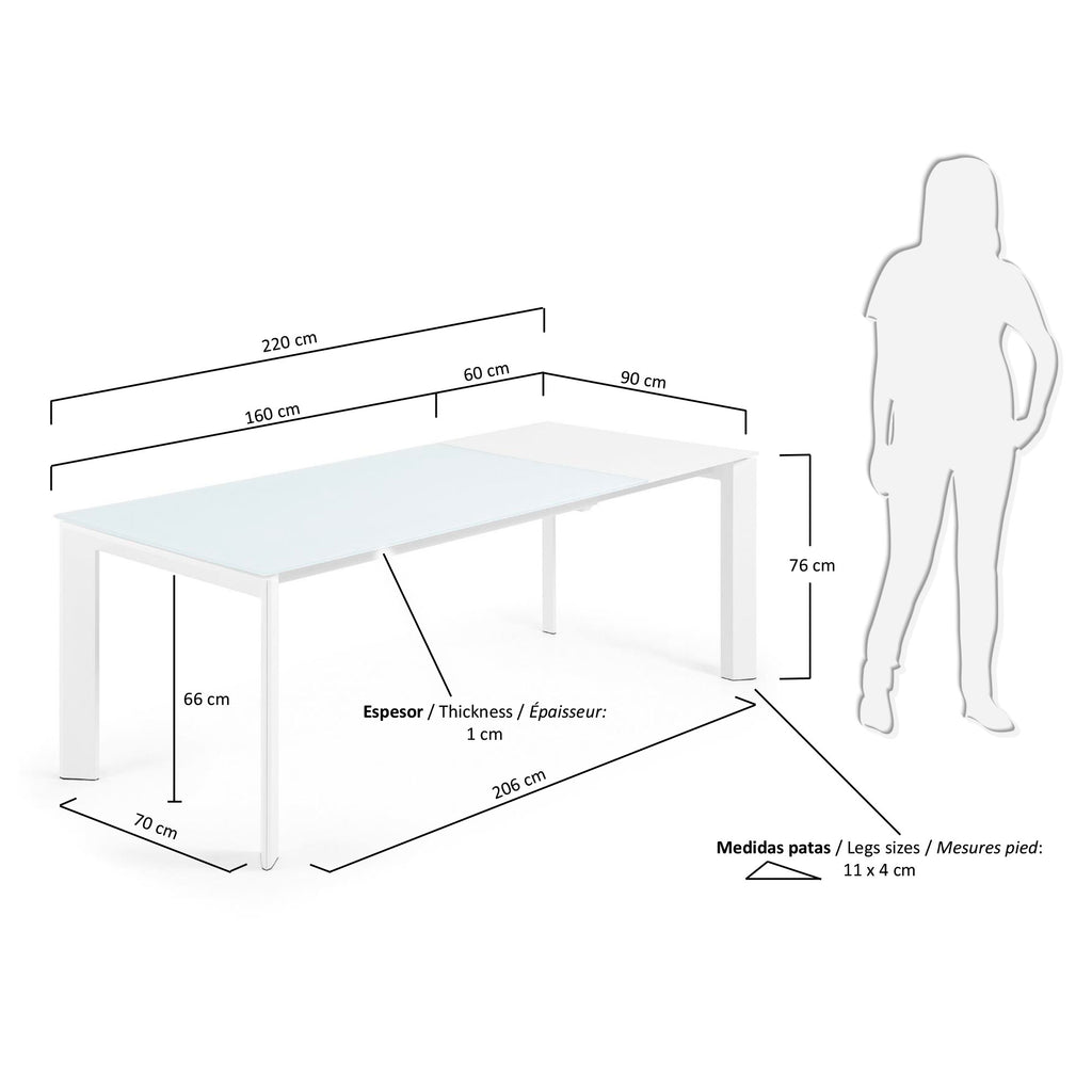 Table extensible Axis en verre blanc et pieds en acier finition blanche 160 (220) cm