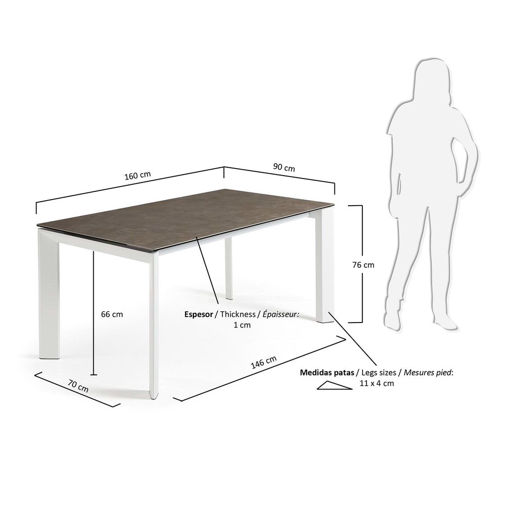 Axis extendable ceramic table in Vulcano Ceniza finish, white steel legs 160 (220) cm 