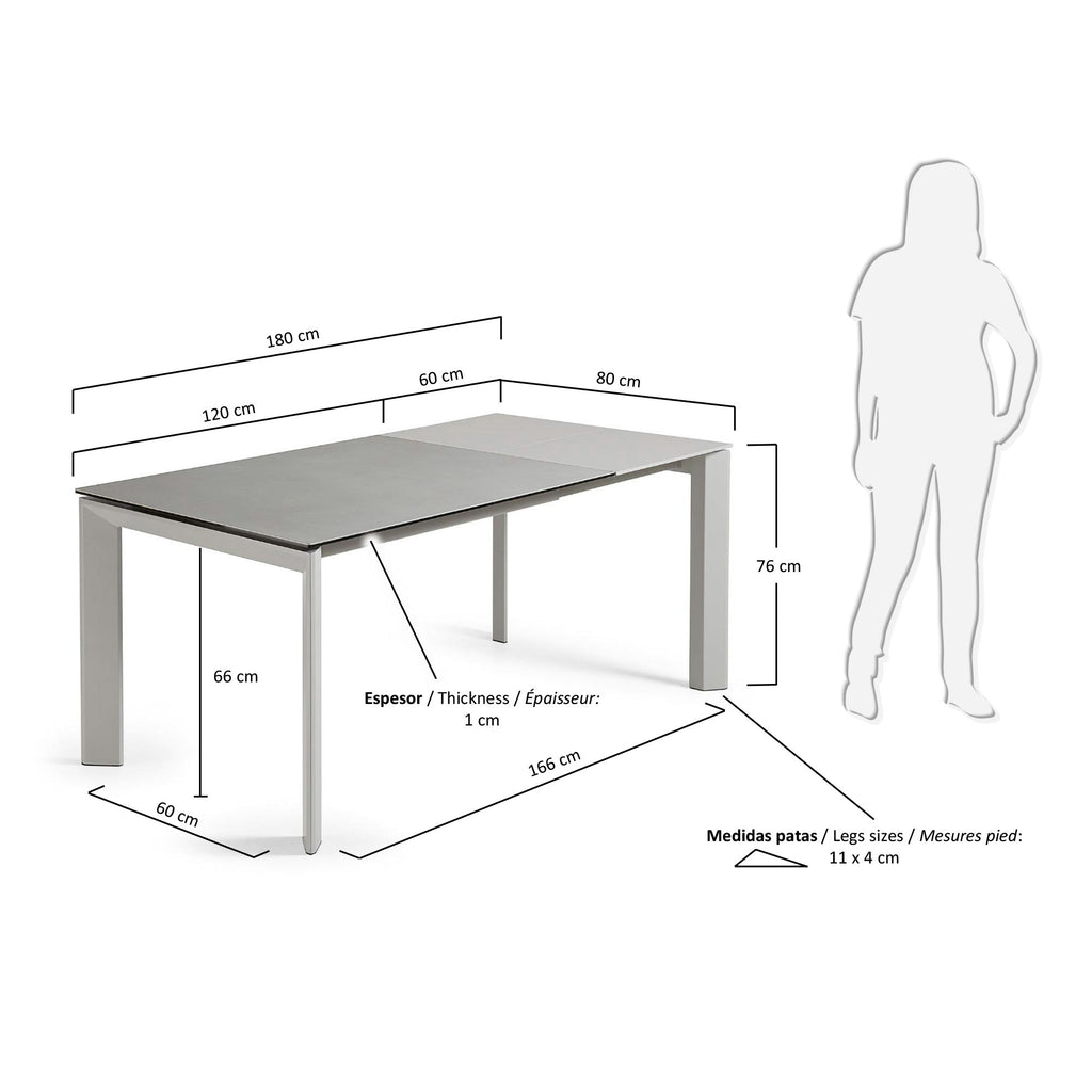 Axis extendable ceramic table with Hydra Plomo finish and grey steel legs 120 (180) cm 