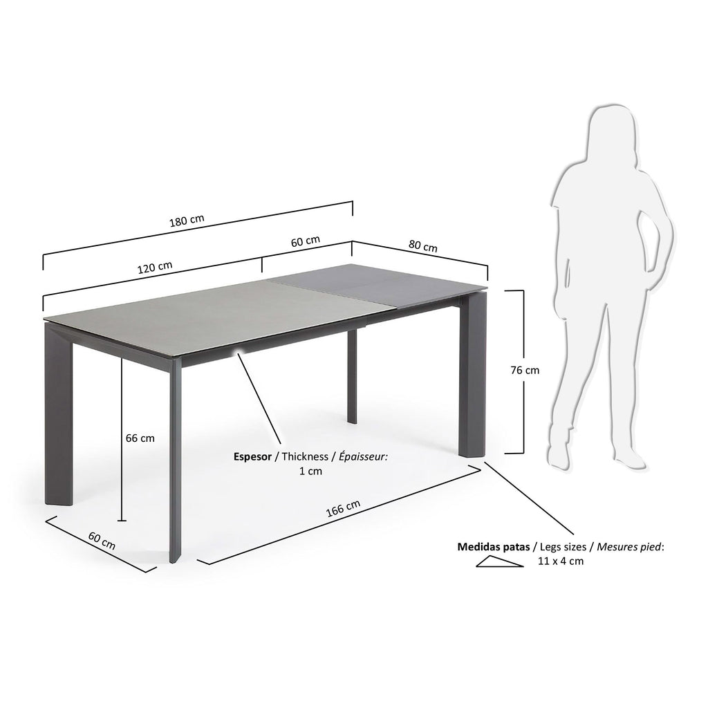 Table extensible Axis grès cérame finition Hydra Plomb pieds acier anthracite 120(180)cm
